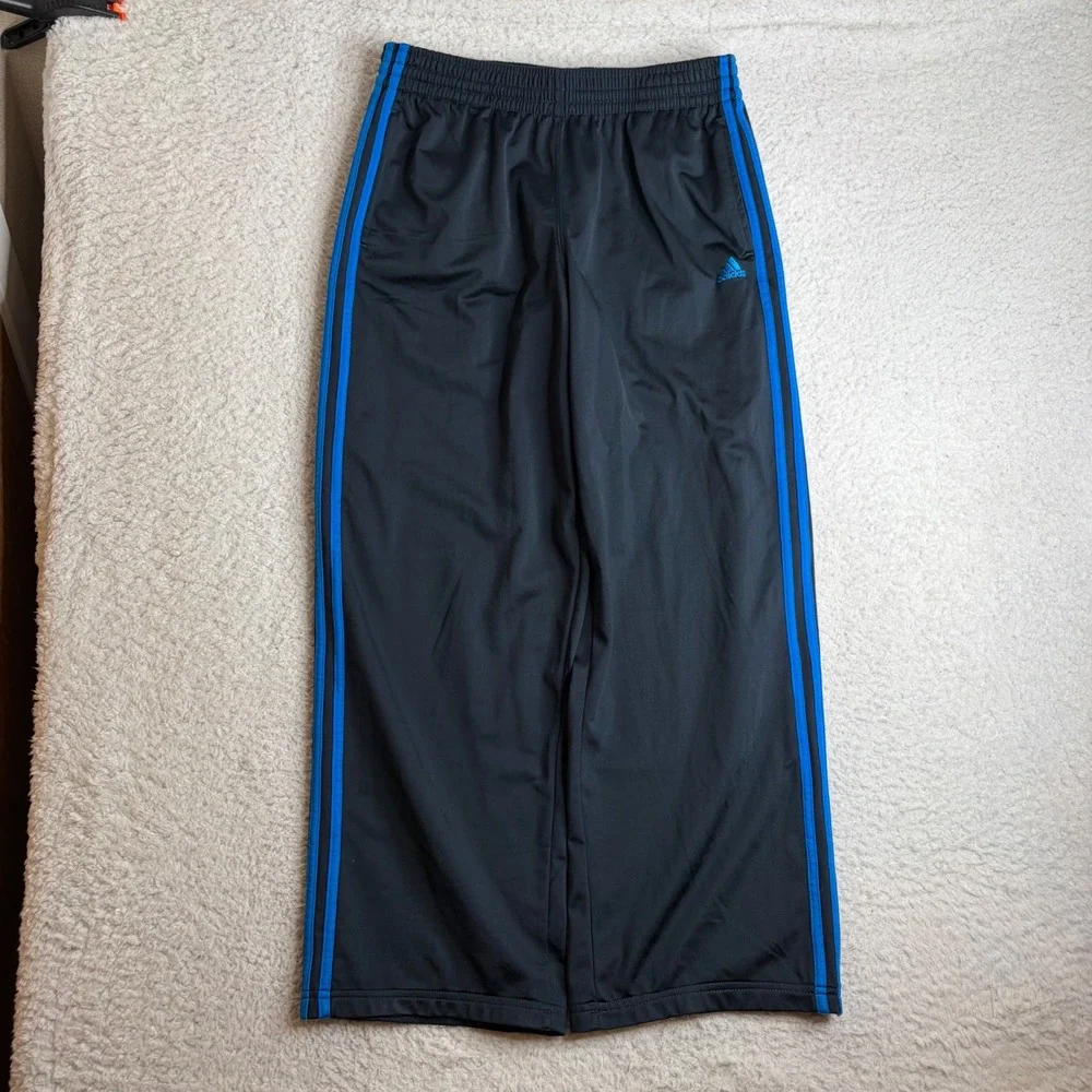 Y2k Adidas Mens Track Pants Black Blue Stripe Large baggy loose fit open leg